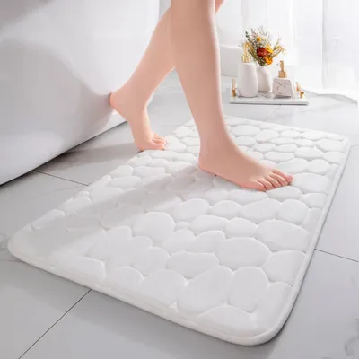 Produktbild von Badematte aus Memory-Schaum, saugfähige Badematte, Badezimmerteppich, Duschmatte, dekorative Fußmatte, rutschfeste Matte für Bad und Wohnzimmer, 60 × 90 cm, weiß