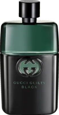A product shot of a Gucci Guilty Black cologne bottle.