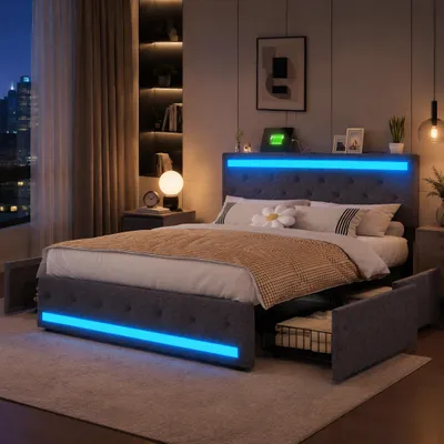 Productafbeelding van Boxspringbed 140x200 cm met USB-oplaadpoort, bed met opbergruimte, tweepersoonsbedframe met lattenbodem, LED-bed met opbergruimte en 4 lades, linnen, grijs