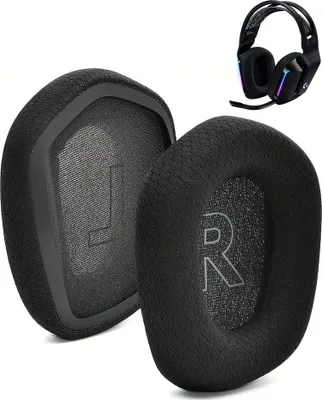 Two black ear pads for headphones are shown in the foreground, with a pair of headphones in the background.