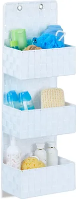 Produktbild von Relaxdays Hängeorganizer Stoff, Türorganizer mit 3 Aufbewahrungskörben, Wandorganizer Bad, PP, HBT: 75x25x15cm, weiß