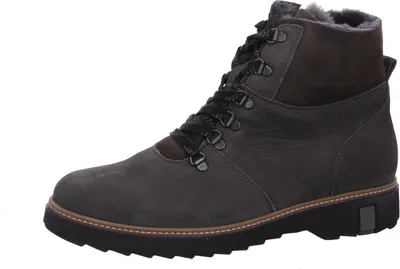 A single brown leather boot with fur lining is shown against a white background.