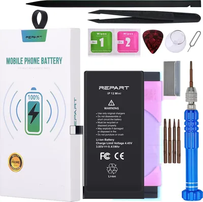 A product shot of a mobile phone battery and its accessories, laid out on a white background.