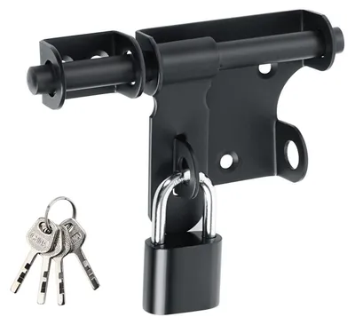 Immagine prodotto di Chiusura a molla con lucchetto, acciaio inossidabile, nera, 120 mm. Bloccabile, adatta per porte, finestre, cancelli