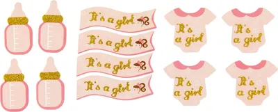 Produktbild von Oblique Unique 12x Konfetti - Fläschchen + Banner + Body Tischdeko Baby Shower Babyparty Mädchen - rosa