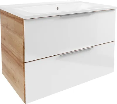 Zdjęcie produktu dla Szafka pod umywalkę B.Brillant  wraz z białą umywalką z marmuru odlewanego  Wisząca, z frontem z lakierowanego szkła  Szafka łazienkowa w kolorze białym i dębu (80 x 56 x 50 cm)