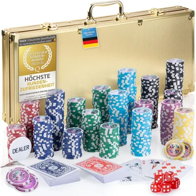 Produktbild von Profi Pokerkoffer Set in Gold mit 500 schweren 12g Metallkern Poker-Chips - Inklusive Pokerkarten, Dealer-Button & Casino Würfel