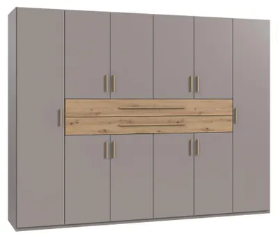 Productafbeelding van Draaideurkast, garderobekast, 270 cm, zandgrijs, met lades, handgrepen van eikenhout "Artisan" / 22641