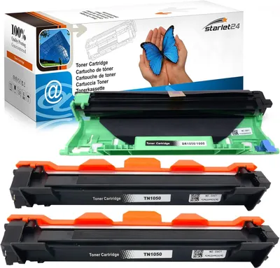 A product shot of toner cartridges and a drum unit, with packaging in the background.