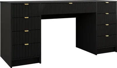 A black desk with gold handles against a white background.