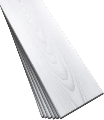A stack of white wood-look panels with a gray grain pattern, presented on a white background.