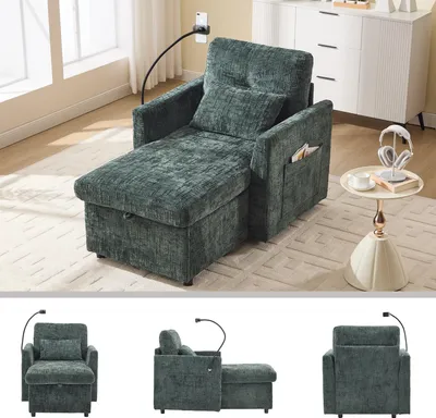 Produktbild von Multifunktionales Faulenzersofa verstaubare Rückenlehne mit Handyhalterung Chenille Einzelner Freizeitstuhl für Wohnzimmer Schlafzimmer kleiner Haushalt