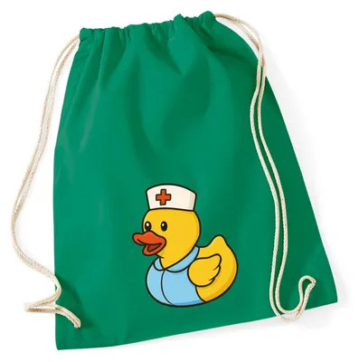 Produktbild von Huuraa Turnbeutel Quietscheente Altenpflege Comic Gummiente 12 Liter Kelly Green Baumwolle Rucksack Geschenkidee