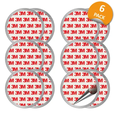 A collection of round adhesive pads with the 3M logo repeated on them, arranged in two columns. One of the pads has a metallic tool piercing it.