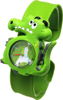 A close-up studio shot of a child's watch designed as a green alligator.