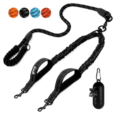 Produktbild von Doppelleine für 2 Hunde, 360° drehbare, reflektierende Hundeleine mit zwei gepolsterten Griffen, stoßdämpfende Hundeleine für große Hunde (11-68 KG)