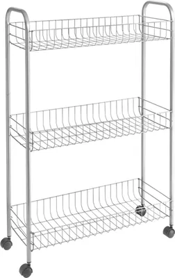 A three-tier metal wire shelving unit on wheels.