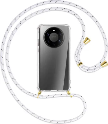 Produktbild von Handykette Backcover-Schutzhülle mit Band (Metall goldfarben) für Huawei Mate 40 Pro Plus - weiß/grau