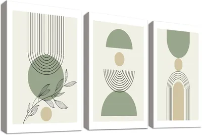 Image de Décoration murale en toile, ensemble de 3 pièces, dimensions 50x70 cm, couleurs vert sauge et beige, avec cadre, idéale pour le salon