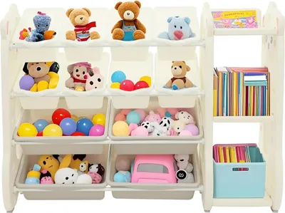 Produktbild von Lama Spielzeugregal - Aufbewahrungsregal mit Körben - 4 große + 8 kleine Körbe - Mehrstöckig - Rutschfest - Abgerundete Kanten - Einfache Montage - Für Kinderzimmer