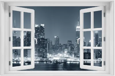 Produktbild von Wallario Wandbild mit Fenster-Illusion: New York Skyline - Schwarz Weiß Blau, Größe: 61 x 91,5 cm, Poster mit weißem Aluminiumrahmen