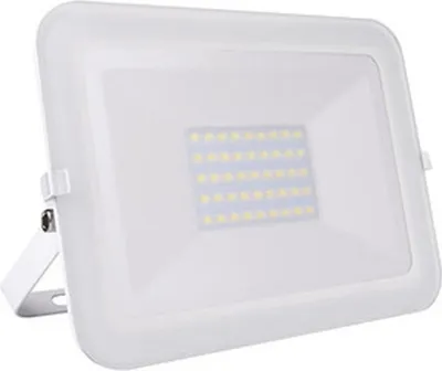 A white LED floodlight with a bracket is shown against a white background.