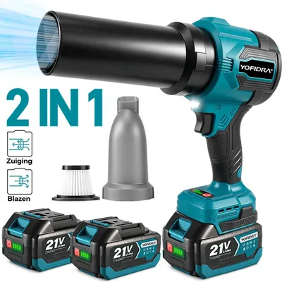 Produktbild von YOFIDRA Akku-Gebläse 18-21 V, Blas- und Saugfunktion, stufenlos, LED-Arbeitsleuchte, 2 Akkus, Blau