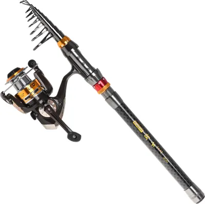 Produktbild von Angelrute und Rolle Combo Kohlefaser Teleskop Angelrute mit Spinnrolle Combo Tragetasche Fall Salzwasser Suesswasser Reise Angelkoeder Jig Hooks Full Kit