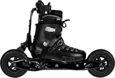 A side view of a black Powerslide XC Trainer inline skate.