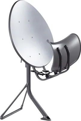 A satellite dish on a stand, isolated on a white background.