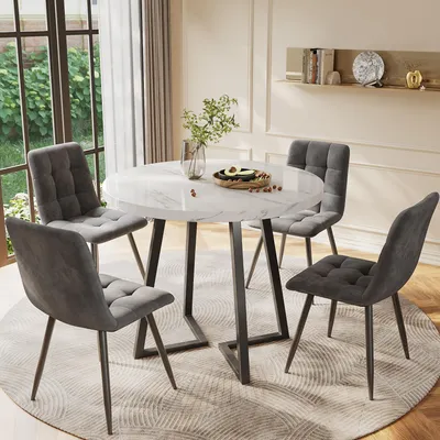 Immagine prodotto di Set da pranzo Fortuna Lai (5 pezzi), set da pranzo moderno (con 4 sedie), set da pranzo per cucina, tavolo da cucina rotondo con diametro di 80 cm e gambe in metallo nero, piano in MDF bianco, sedie in velluto grigio scuro