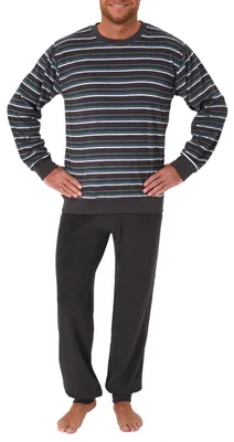Produktbild von Herren Frottee Pyjama langarm Schlafanzug mit Bündchen in Streifenoptik - 59886 ; dunkelgrau , 48