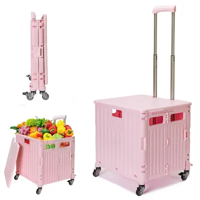 Klappbarer Einkaufswagen 65 l, 40 kg, Kunststoff, Teleskopgriff, rosa