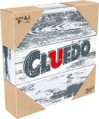 A Cluedo board game box with a rustic wooden design.
