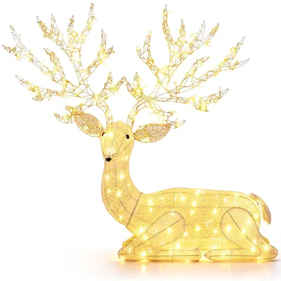 Imagen del producto de COSTWAY: Reno de Navidad LED, decoración navideña con 280 LEDs, reno arrodillado con estructura de metal, temporizador, estacas para clavarse en el suelo y bridas para cables, decoración navideña