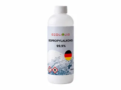 Produktbild von Ecoliquid Isopropylalkohol 99,9% IPA, 0,5 l; Entfettet, reinigt, desinfiziert; Einsatzbereiche: Gesundheitswesen, Veterinärmedizin, Haushalt, 3D-Druck, Fahrzeugpflege, Kosmetik, Industrie