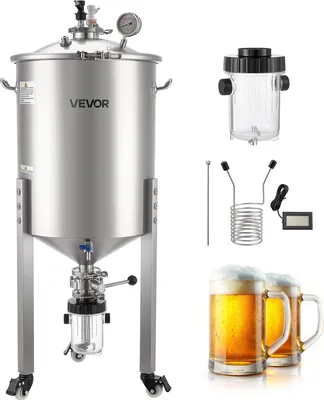 Obrázek produktu pro VEVOR kuželová fermentační nádrž z nerezové oceli 60 litrová fermentační nádrž pro domácí vaření piva, fermentační nádoba s kuželovou základnou a 3 kolečky a víkem a rukojetí a teploměrem, fermentační nádoba pro kvašení vína a piva