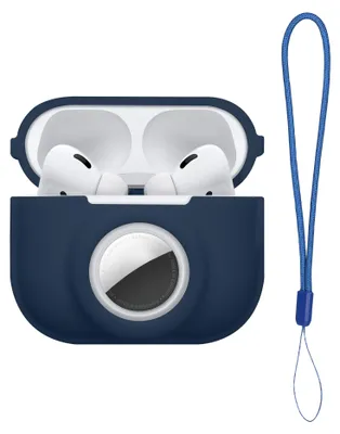 Produktbild von kwmobile 2-in1 Schutzhülle für Apple Airpods Pro 2 Hülle - Kopfhörer Silicon Case kompatibel mit AirTag - stoßfestes Cover mit Karabiner - Dunkelblau