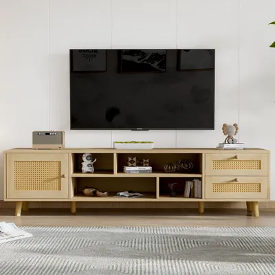 Immagine prodotto di Mobile TV a basso per televisori da 70 pollici, 160 cm di larghezza, mobile TV in rattan con finitura effetto legno di quercia, dotato di 2 cassetti e 1 anta, ideale per il soggiorno