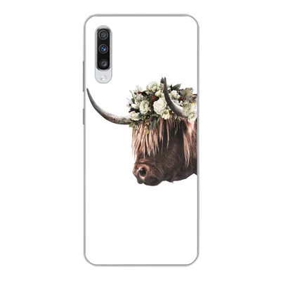 Produktbild von MuchoWow® Handyhülle Schutzhülle Hülle für Samsung Galaxy A70 Schottischer Highlander - Kuh - Rosen Silikon Softcase Handy Hülle - Schutzhaube