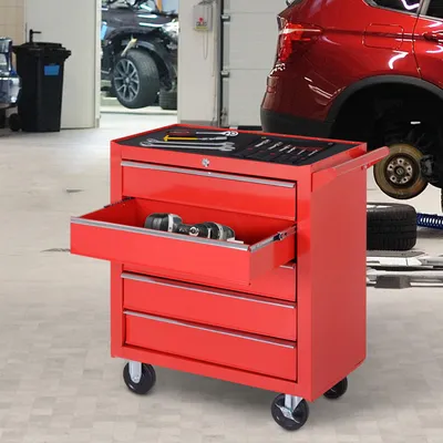Produktbild von SUGIFT Rollcontainer abschließbar, Werkzeugschrank auf Rollen mit 5 Schubladen, Stahl, Rot | mit Feststellbremse | 21,75 kg Tragkraft | 69 x 33 x 75 cm