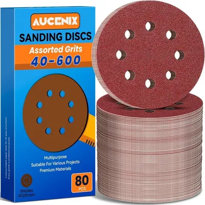 Image de Papier abrasif 125 mm, avec velcro, 80 pièces, 8 trous, grains 40-600, pour ponceuses excentriques, adapté au bois, au métal et aux murs