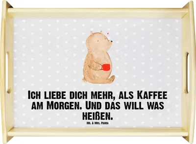 Produktbild von Mr. & Mrs. Panda Deko Tablett Bär Morgenkaffee - Grau Pastell - Geschenk, für Freundin, Serviertablett, Valentinstag, Frauen, Servier, aus holz, Freund, Jahrestag