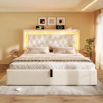Productafbeelding van Boxspringbed 140x200, fluweel, LED-diamantstrepen, USB & USB-C, hydraulische opbergruimte, lattenbodem, zonder matras.