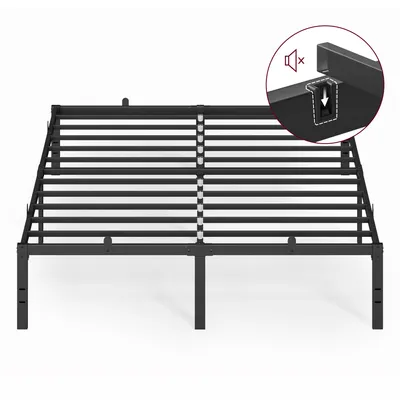 A black metal bed frame is shown against a white background. An inset circle highlights a detail of the frame with an icon indicating sound reduction.