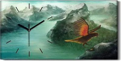 Produktbild von Wandkunst Leinwand Bild Uhr Geräuschlos 60x30 Gemälde Berge Tier Vogel - schwarze Hände