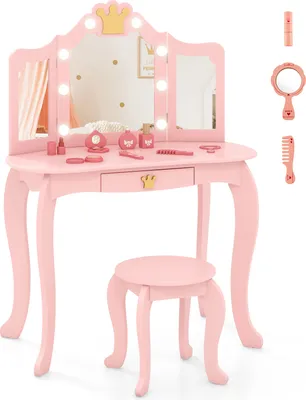 A pink children's vanity table with a tri-fold illuminated mirror and a matching stool, along with toy makeup accessories.