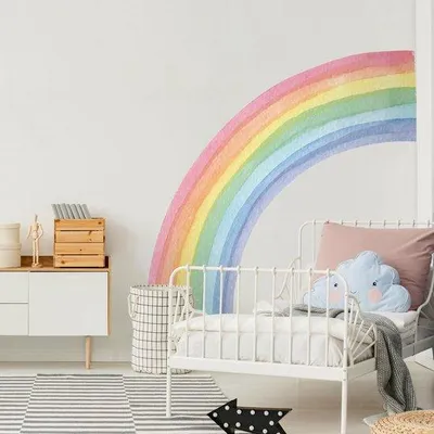 Zdjęcie produktu dla Naklejki ścienne "Tęcza" dla pokoju dziecięcego – motyw akwarelowy, wysokiej jakości winyl, klej łatwy do usunięcia, wodoodporne, wymiary 143 x 160 cm, 3 arkusze