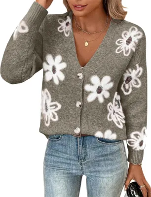 Obrázek produktu pro ASKSA Dámský svetr s dlouhým rukávem V-Neck Loose Floral Pattern Button Open Cardigan Pletený svetr (Dark Grey,M)