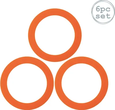 Three orange rings are arranged in a triangular formation on a white background. A small circular badge with text is in the top right corner.